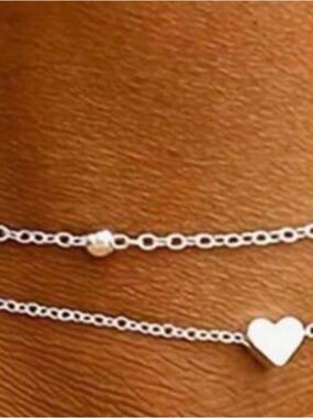 Layered Heart Charm  Ankle Bracelet in Silver